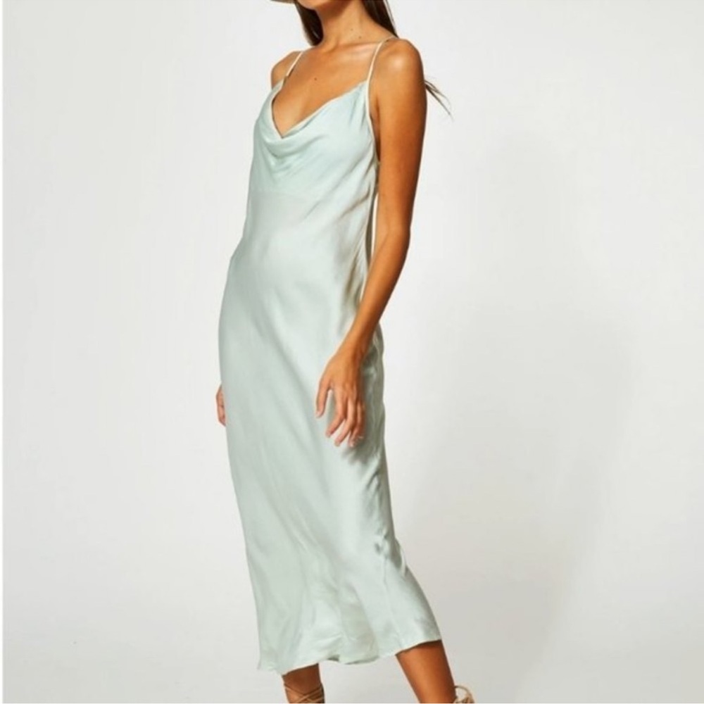 Light green satin cowl neck draped midi dress young fabulous and broke